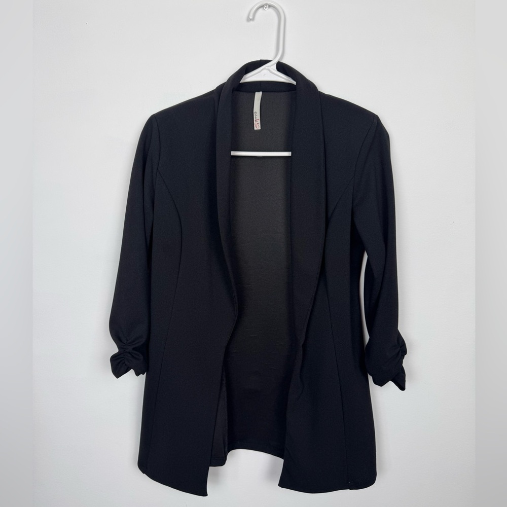Black Open Front Blazer Ruched Sleeve Size Small